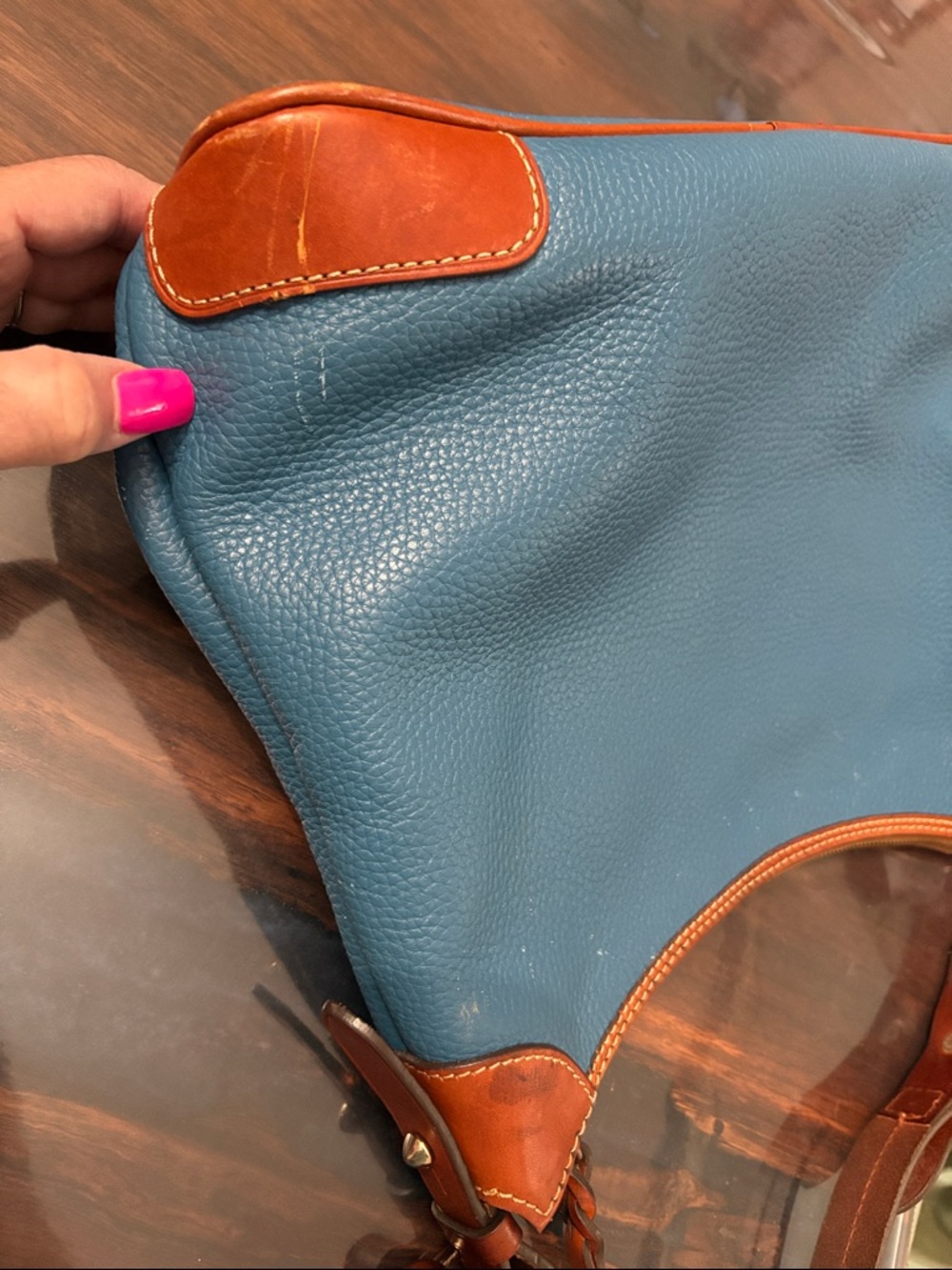 Dooney & Bourke Blue Leather Hobo with Brown Trim - Picture 6 of 17